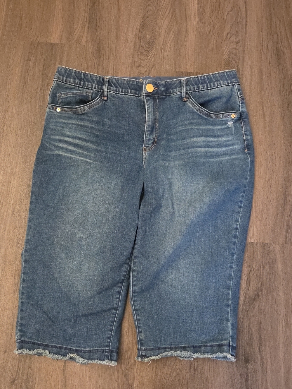 Democracy Mid-Blue Distressed Denim AbSolution Knee-Length Bermuda Shorts